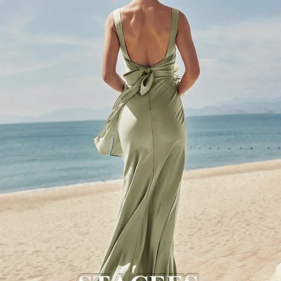 Satin Sage Green Bridesmaid Dress - Picture 2 of 7